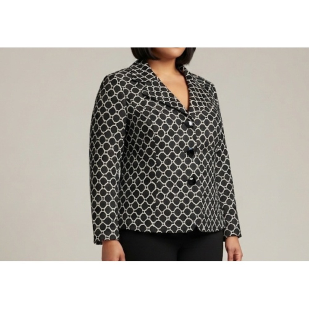Kasper Women Black White Geometric Chain Link Blazer Jacket Size 16 Professional